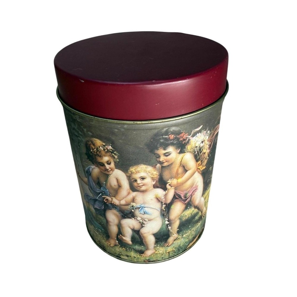 90s‎ Vintage Cherub Angel Decorative Metal Tin Canister w Lid Victorian Style